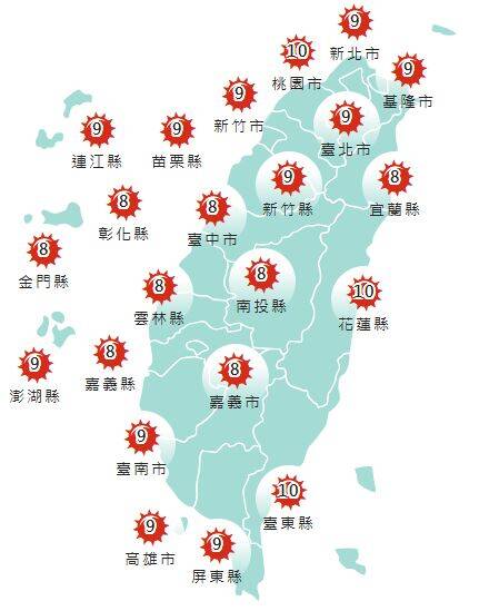 氣象署發布各地紫外線指數預報概況。 圖:氣象署提供