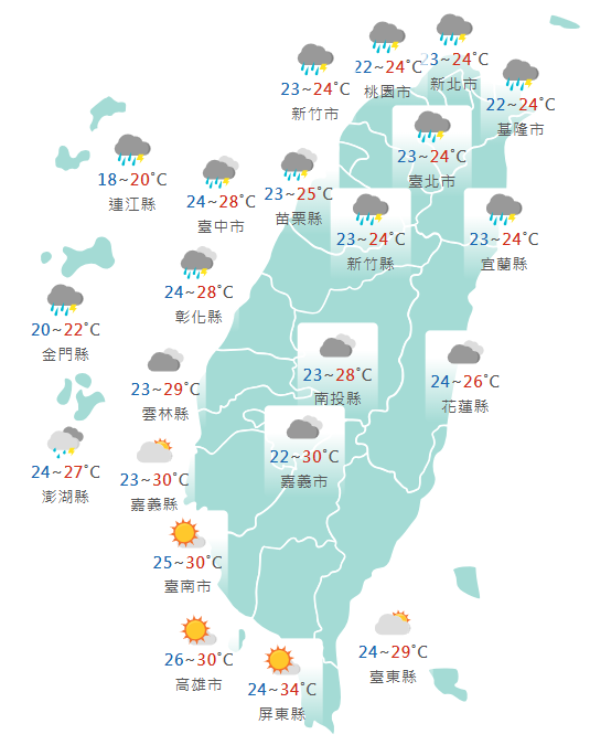 氣象署公布各地天氣預報概況。    圖：氣象署提供