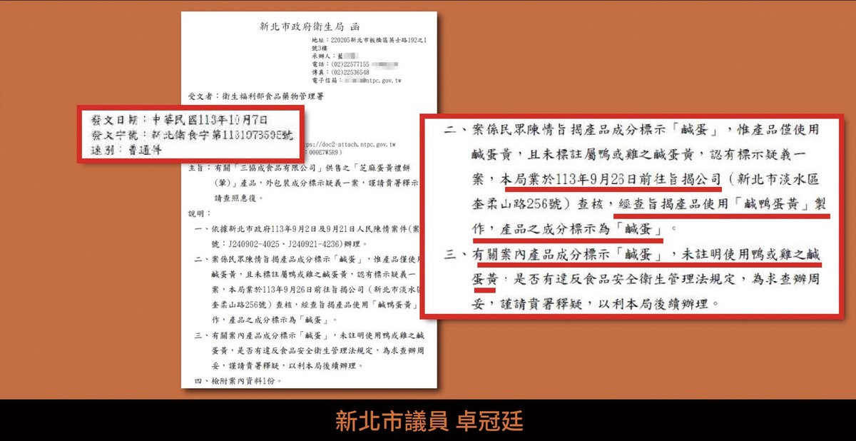 民進黨市議員卓冠廷調查發現，所謂三協成因「未標註鴨或雞之鹹蛋黃」遭稽查一事，根本是半年前的舊案。   圖：翻攝「臉書」卓冠廷粉絲專頁