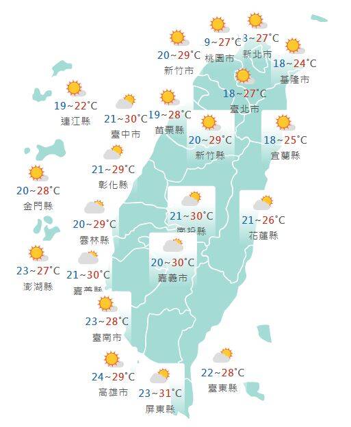 氣象署發布各地天氣預報概況。   圖：氣象署提供