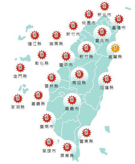 氣象署發布各地紫外線指數預報概況。   圖：氣象署提供