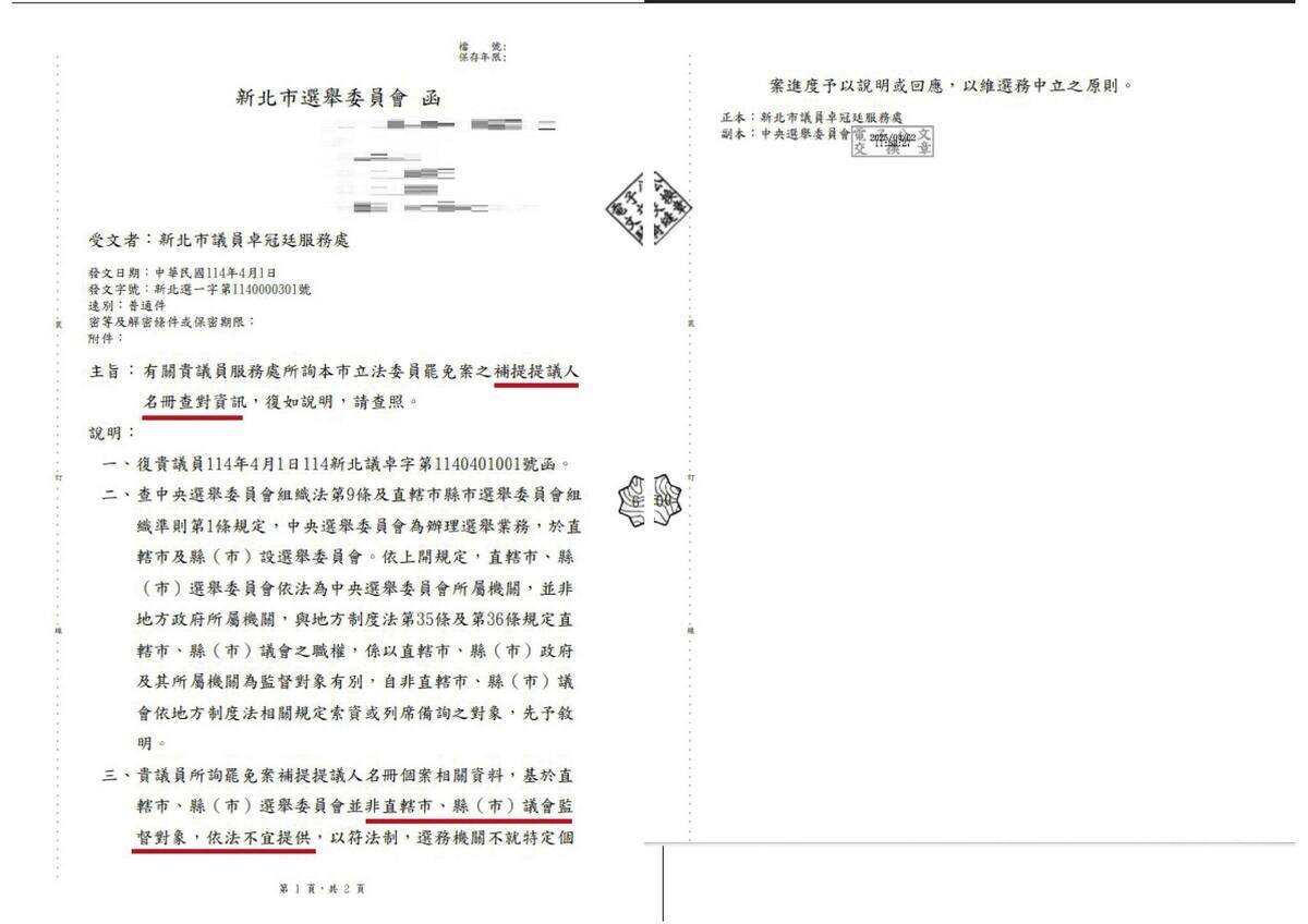 新北市議員卓冠廷揭露先前向新北市選舉委員會索要查驗資訊，選委會拒絕提供數據，甚至回應「無須接受議會監督、不宜提供資料」。   圖：翻攝「臉書」卓冠廷粉絲專頁