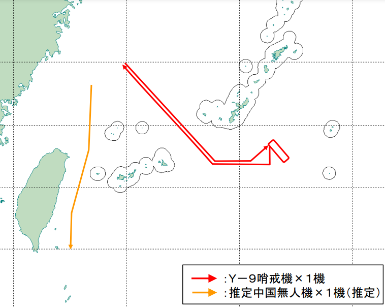 與那國島可謂日本介入台海的前沿。日本防衛省通報，29日一架推定無人機，經與那國島與台灣之間水域上空向南飛行（黃色線段）。 圖：翻攝mod.go.jp 