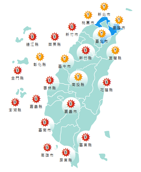 氣象署發布各地紫外線指數預報概況。   圖：氣象署提供