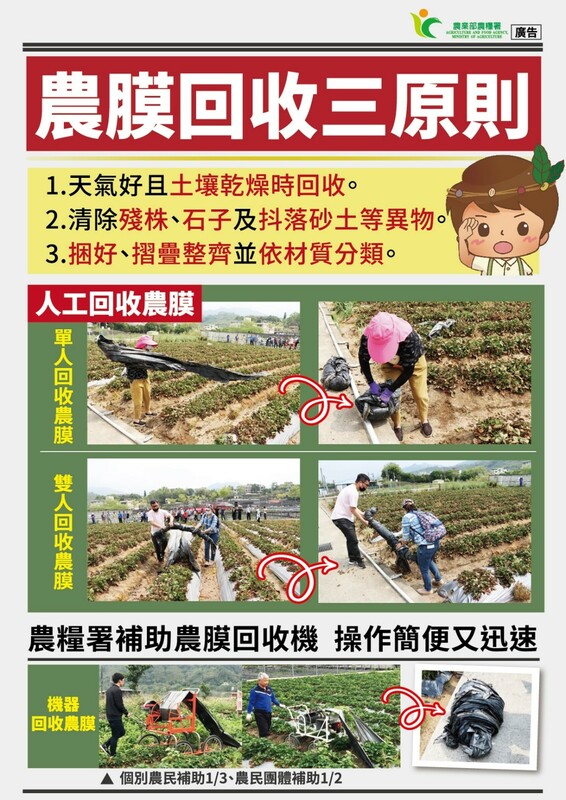 農業部推農膜回收三原則指引，棚膜與菇包等塑膠資材可清洗再利用，透過區域清洗場協助轉為剩餘資源，促進循環經濟，助力淨零排放目標。   圖：農業部／提供