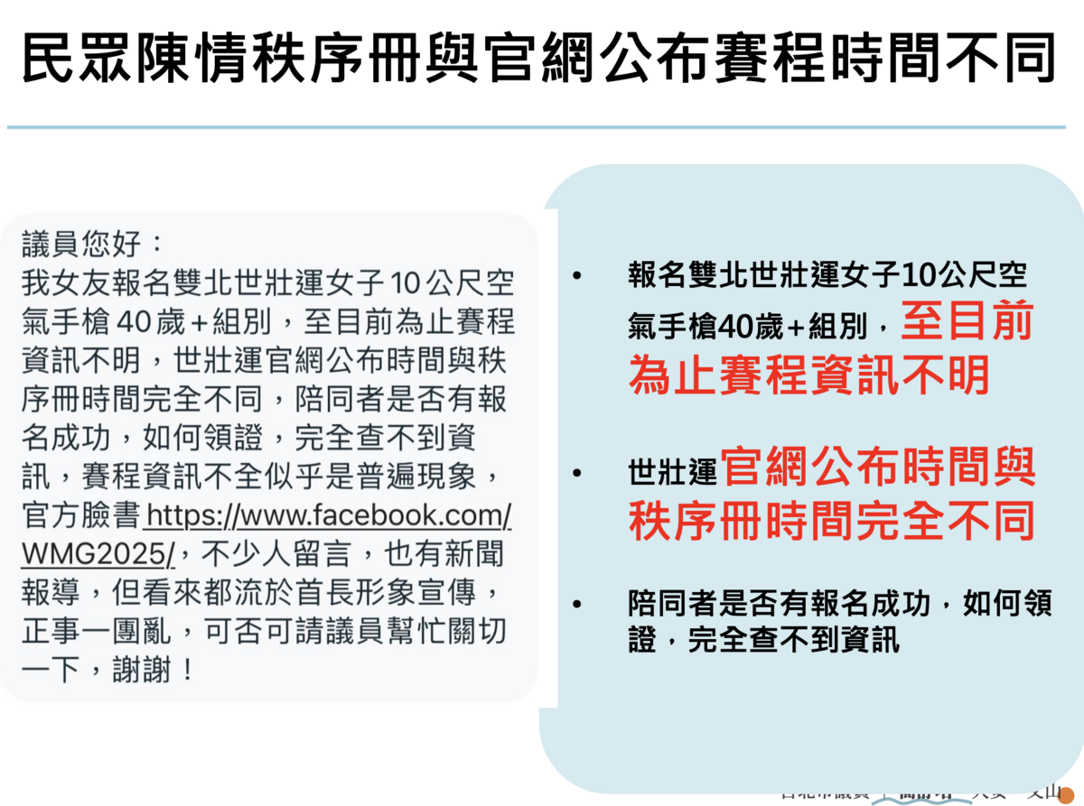 民進黨台北市議員簡舒培接獲民眾陳情，有民眾報名世壯運，卻發生官網公布時間與秩序冊時間完全不同的狀況。   圖：簡舒培議員辦公室 / 提供