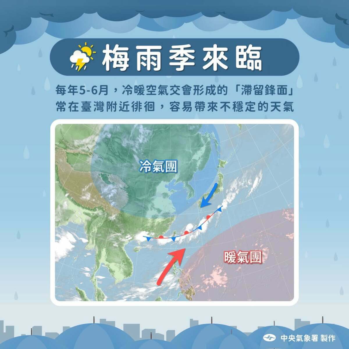 氣象署說，梅雨季此時期冷暖氣團在台灣附近交會，形成「滯留鋒」，會為台灣帶來連日不穩定的天氣。   圖：翻攝自中央氣象署臉書