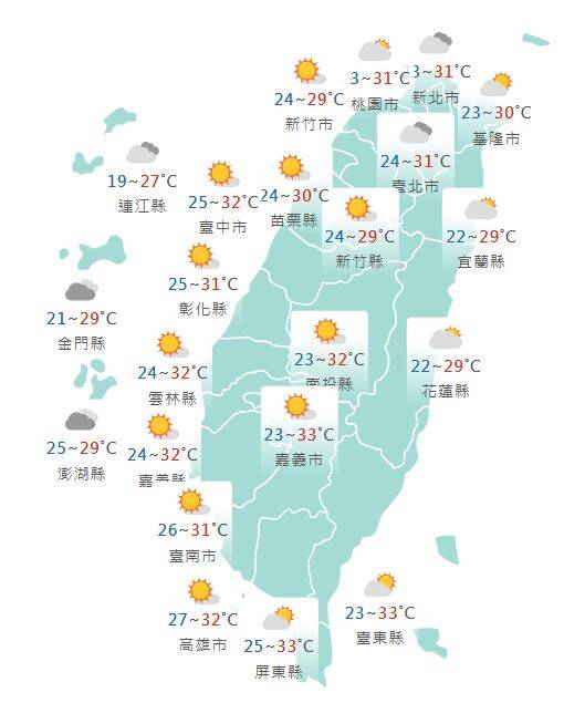 氣象署公布各地天氣預報概況。 圖:氣象署提供