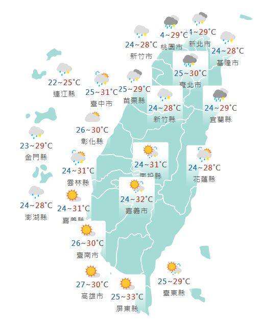 氣象署公布各地天氣預報概況。   圖：氣象署提供