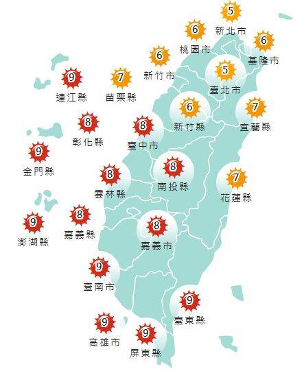 氣象署發布各地紫外線指數預報概況。   圖：氣象署提供