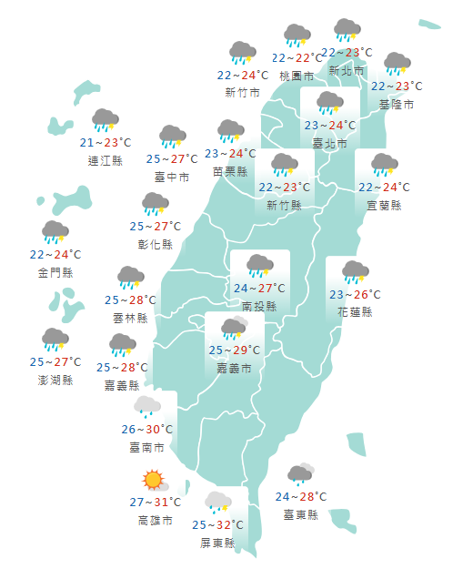 氣象署公布各地天氣預報概況。   圖：氣象署提供