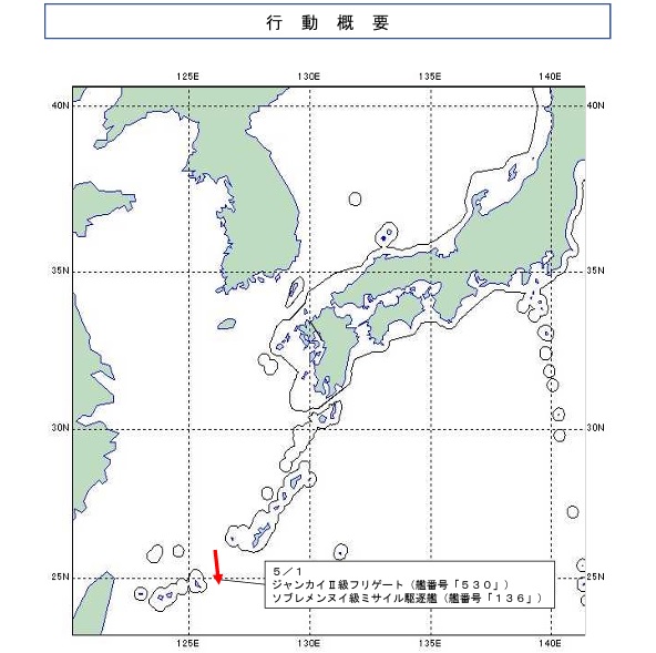  此次解放軍船艦穿越第一島鏈前往西太平洋地區，疑似準備進行巡視或演練等任務。 圖：翻攝自 統合幕僚監部 