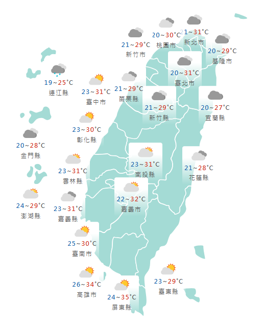 氣象署公布各地天氣預報概況。   圖：氣象署提供