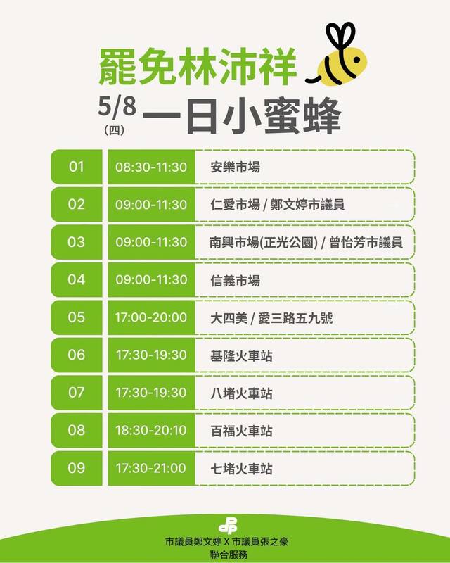 罷免林沛祥5/8一日小蜜蜂地點。   圖：取自「基隆絕沛」臉書