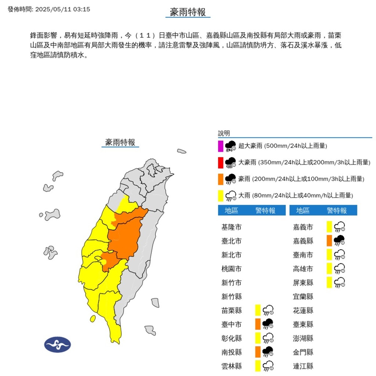 氣象署今（11）日凌晨3點15分針對10縣市發布豪大雨特報。   圖：氣象署提供
