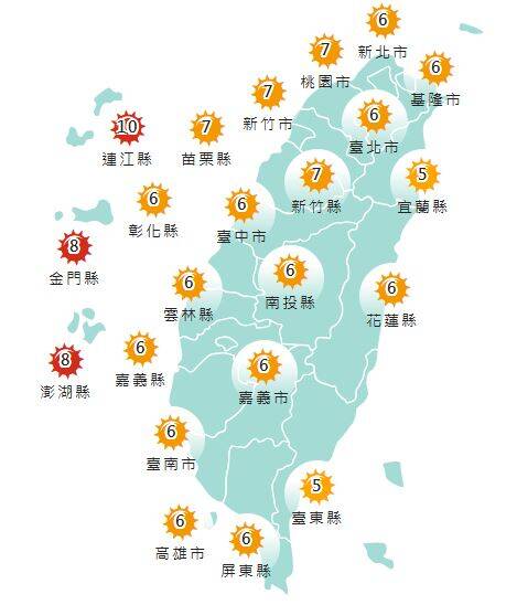 氣象署發布各地紫外線指數預報概況。   圖：氣象署提供