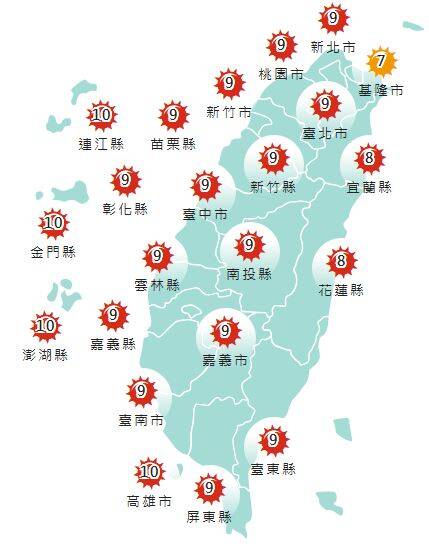 氣象署發布各地紫外線指數預報概況。   圖：氣象署提供