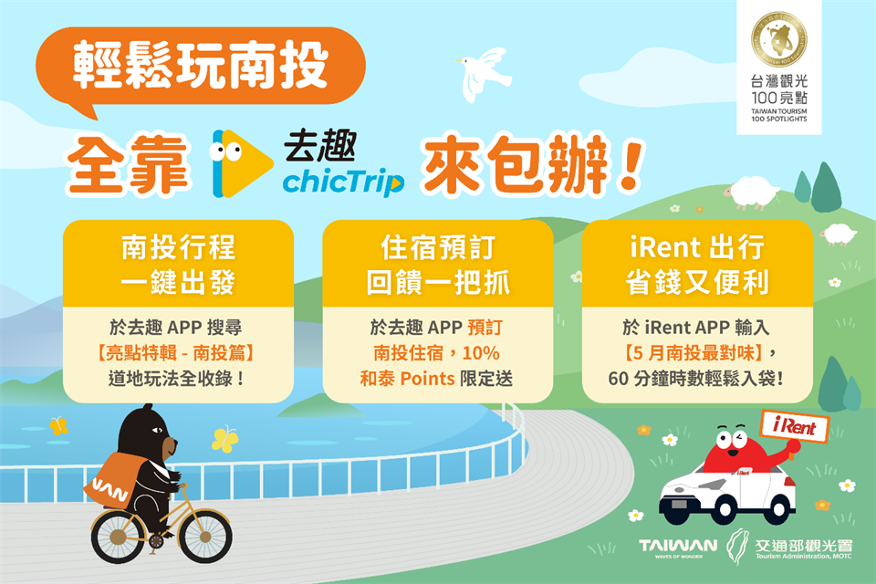 旅程規劃App「去趣」與共享租車服務「iRent」響應「台灣觀光100亮點」5月主打星南投，推出限定優惠活動。   圖：交通部觀光署／提供