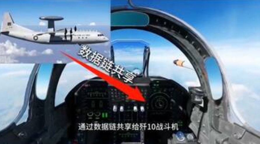  預警機透過數據鏈將敵機位置、航向、速度等關鍵資訊即時傳送至殲-10CE 戰機。 圖 : 影片截圖 