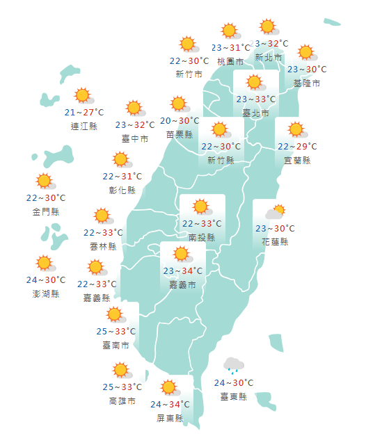 氣象署公布各地天氣預報概況。   圖：氣象署提供