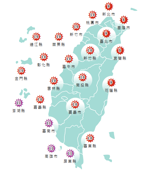 氣象署發布各地紫外線指數預報概況。   圖：氣象署提供