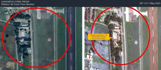 巴基斯坦軍方隨後公布衛星影像，顯示疑似 S-400 系統被摧毀後的現場，有明顯爆炸痕跡與煙霧。 圖:翻攝自貓哥工作室