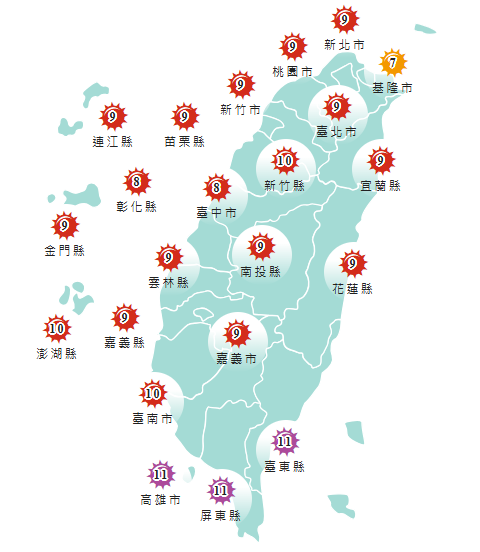 氣象署發布各地紫外線指數預報概況。   圖：氣象署提供