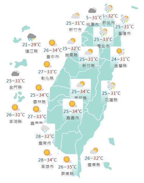 氣象署公布各地天氣預報概況。   圖：氣象署提供