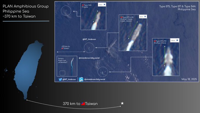 解放軍075型兩棲攻擊艦「安徽號（舷號33）」等艦在鵝鑾鼻以東370公里的東部海域實施演訓。   圖：翻攝「臉書」呂禮詩