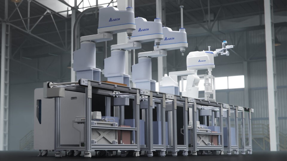 台達正運用 Isaac Sim 將電子元件生產最佳化,以及模擬、訓練及驗證從 AMR 到工業機械手臂的全系列工業機器人。 圖: 台達/提供