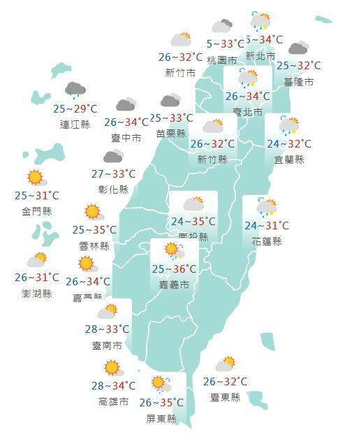 氣象署公布各地天氣預報概況。   圖：氣象署提供