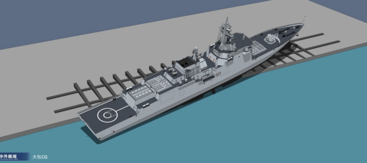  崔賢級二號艦側滑下水效果圖。 圖：翻攝自 河東三叔 