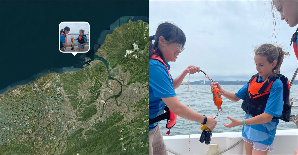 國海院研究人員與法國小帆手於淡水河口共同布放溫鹽深儀。   圖：國家海洋研究院/提供