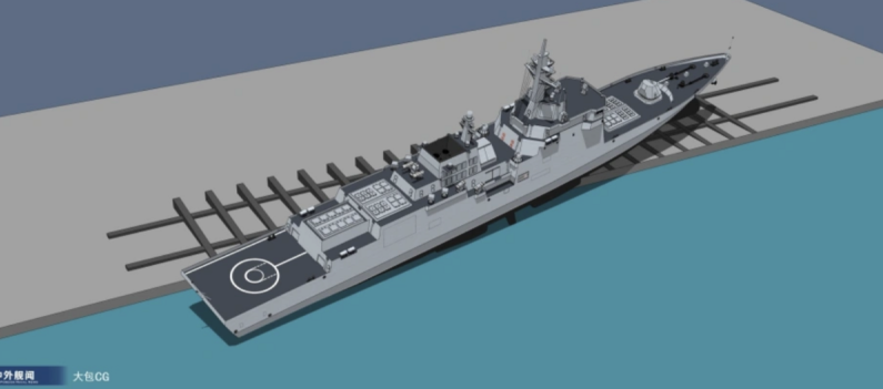  北韓清津造船廠 21 日舉辦海軍最新 5 千噸級驅逐艦下水典禮，但驅逐艦發生側翻。（效果圖） 圖：翻攝自河東三叔 