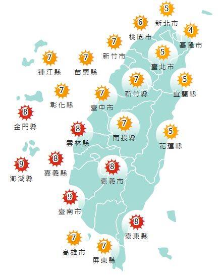 氣象署發布各地紫外線指數預報概況。   圖：氣象署提供