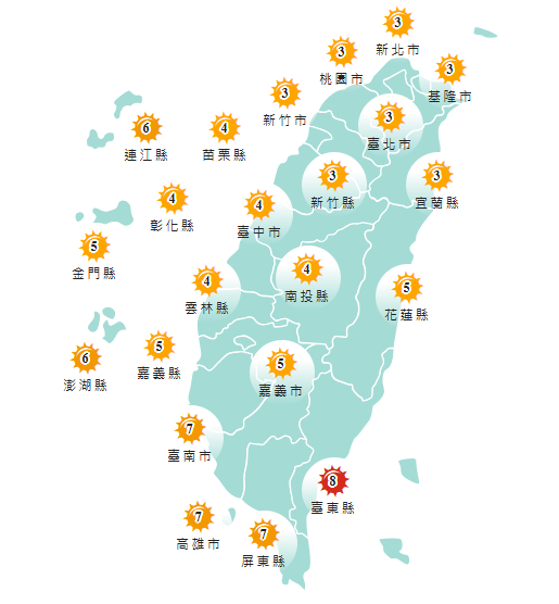 氣象署發布各地紫外線指數預報概況。   圖：氣象署提供