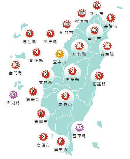 氣象署發布各地紫外線指數預報概況。   圖：氣象署提供