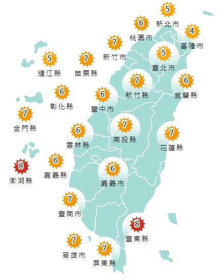 氣象署發布各地紫外線指數預報概況。   圖：氣象署提供