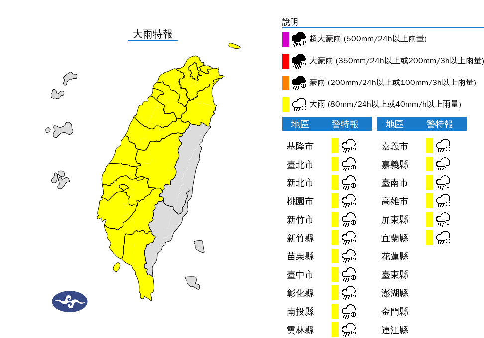 氣象署對17縣市發布大雨特報。   圖：翻攝自中央氣象署官網