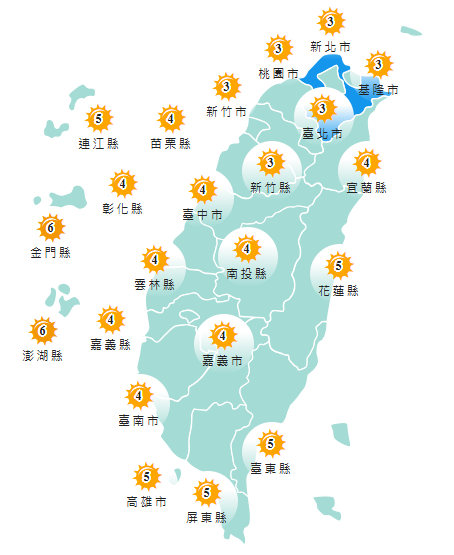 氣象署發布各地紫外線指數預報概況。   圖：氣象署提供