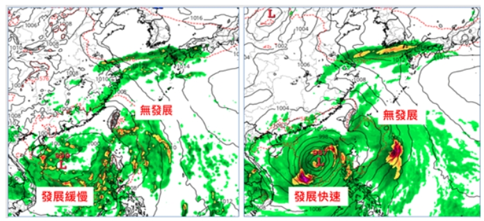 吳德榮表示，最新(7日20時)歐洲模式(ECMWF)週四(12日)8時模擬圖顯示，原掠過台灣東北部海面的熱帶擾動無發展，南海的熱帶擾動發展緩慢(左圖)。美國模式(GFS)週四(12日)8時亦有類似模擬，但南海的擾動發展快速(右圖)。   (圖擷自tropical.tidbits)