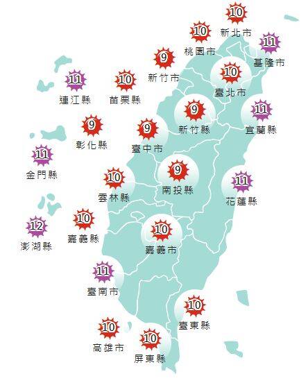 氣象署發布各地紫外線指數預報概況。   圖：氣象署提供