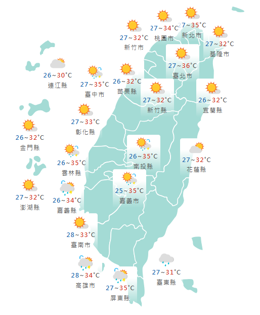 氣象署公布各地天氣預報概況。   圖：氣象署提供