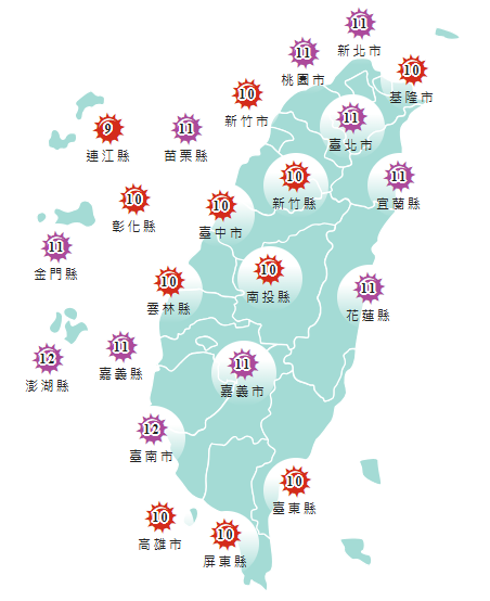 氣象署發布各地紫外線指數預報概況。   圖：氣象署提供