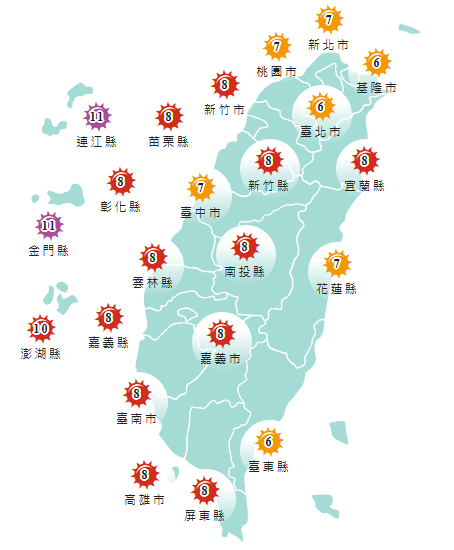 氣象署發布各地紫外線指數預報概況。   圖：氣象署提供