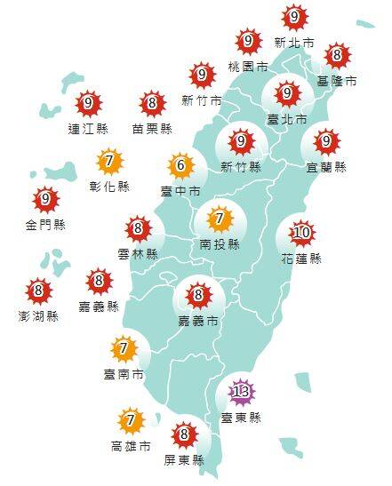 氣象署發布各地紫外線指數預報概況。 圖:氣象署提供