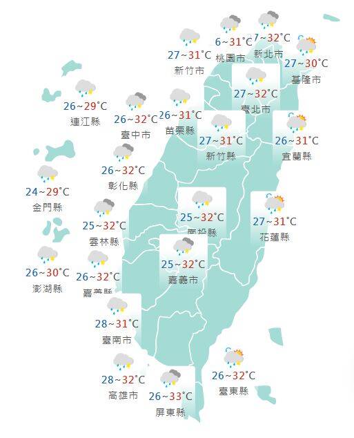 氣象署公布各地天氣預報概況。   圖：氣象署提供