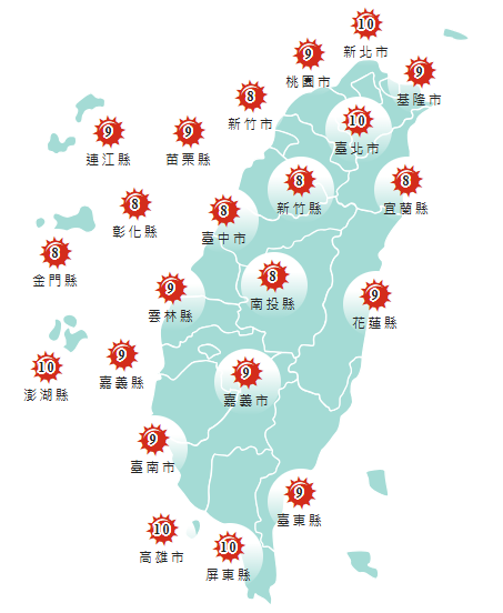 氣象署發布各地紫外線指數預報概況。   圖：氣象署提供
