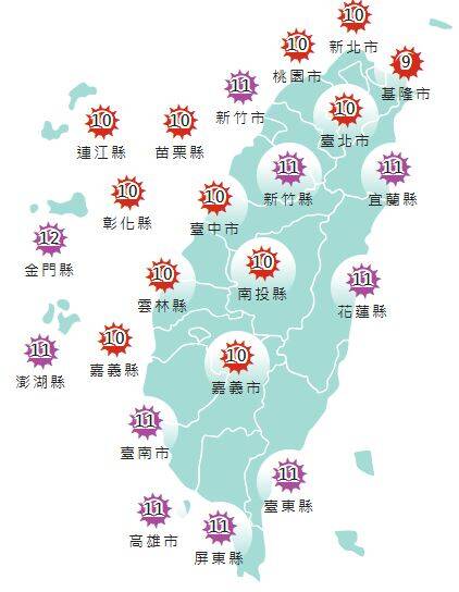 氣象署發布各地紫外線指數預報概況。   圖：氣象署提供