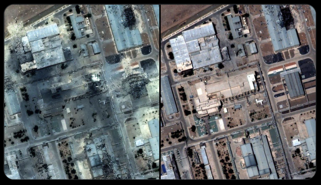  伊朗伊斯法罕（Isfahan）核設施遭美軍轟炸，衛星畫面曝光。右圖為攻擊前，左圖為攻擊後。 圖：擷取自 NOELREPORTS 的 X 